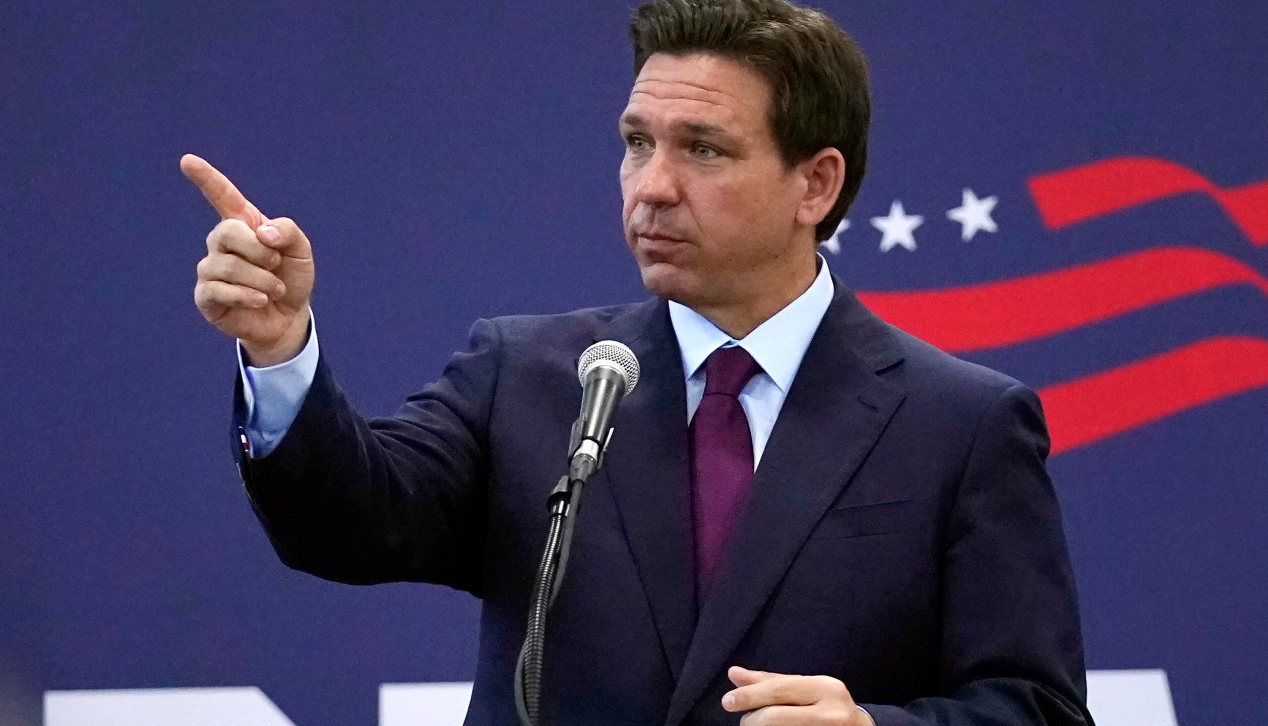 Republican presidential candidate Florida Gov. Ron DeSantis gestures during a campaign event, Monday, July 31, 2023, in Rochester, N.H. (AP Photo/Charles Krupa)