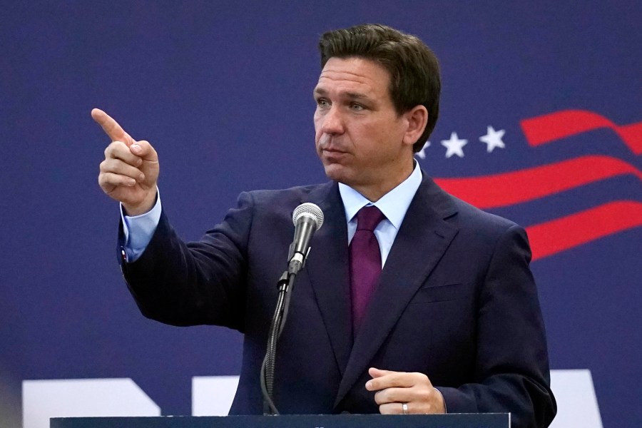 Republican presidential candidate Florida Gov. Ron DeSantis gestures during a campaign event, Monday, July 31, 2023, in Rochester, N.H. (AP Photo/Charles Krupa)