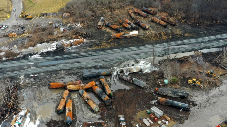 FILE - Cleanup of portions of a Norfolk Southern freight train that derailed Friday night in East Palestine, Ohio, continues on Feb. 9, 2023. (AP Photo/Gene J. Puskar, File)