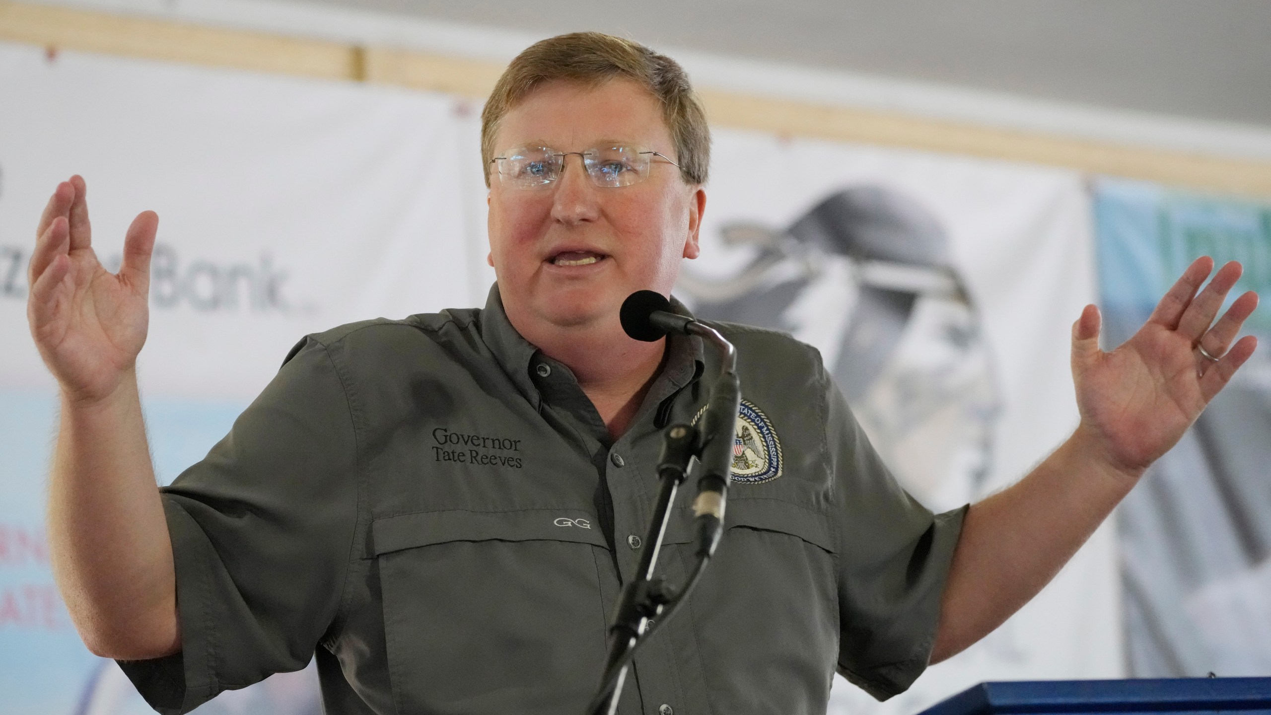 Mississippi Republican Gov. Tate Reeves addresses the crowd at the Neshoba County Fair in Philadelphia, Miss., Thursday, July 27, 2023. Reeves faces two opponents in the party primary Aug. 8, as he seeks reelection. (AP Photo/Rogelio V. Solis)