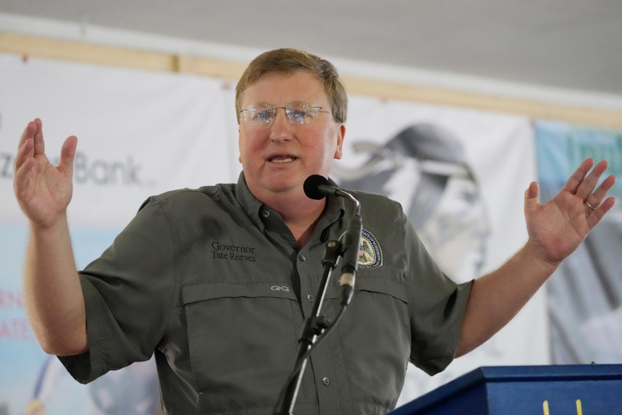 Mississippi Republican Gov. Tate Reeves addresses the crowd at the Neshoba County Fair in Philadelphia, Miss., Thursday, July 27, 2023. Reeves faces two opponents in the party primary Aug. 8, as he seeks reelection. (AP Photo/Rogelio V. Solis)