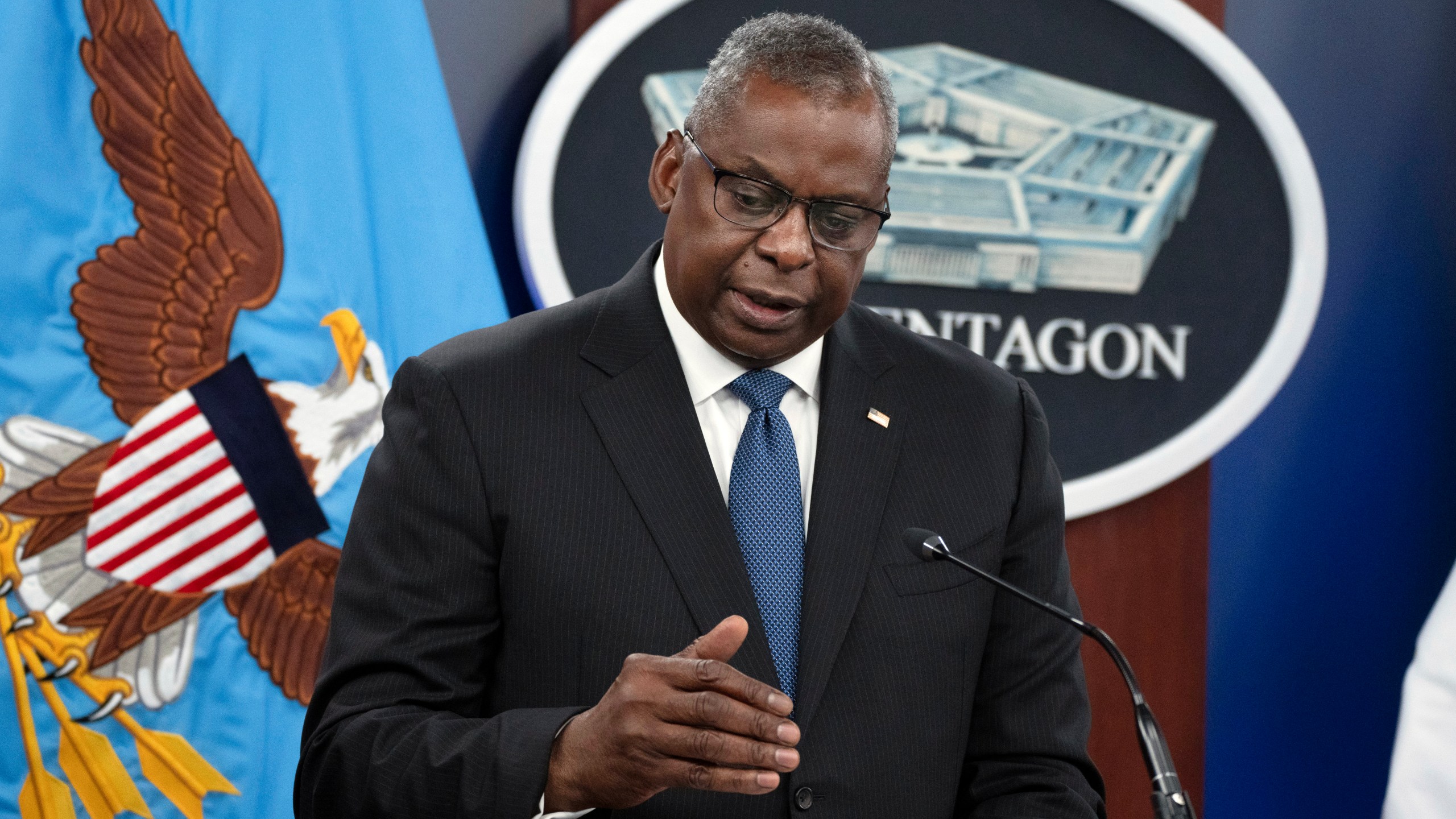 FILE - Secretary of Defense Lloyd Austin speaks during a news conference at the Pentagon in Washington, July 18, 2023. Austin is warning that troop readiness and retention is at risk, as the Army's chief stepped down Friday leaving the military's two ground combat forces without Senate-confirmed leaders for the first time in history. (AP Photo/Manuel Balce Ceneta, File)