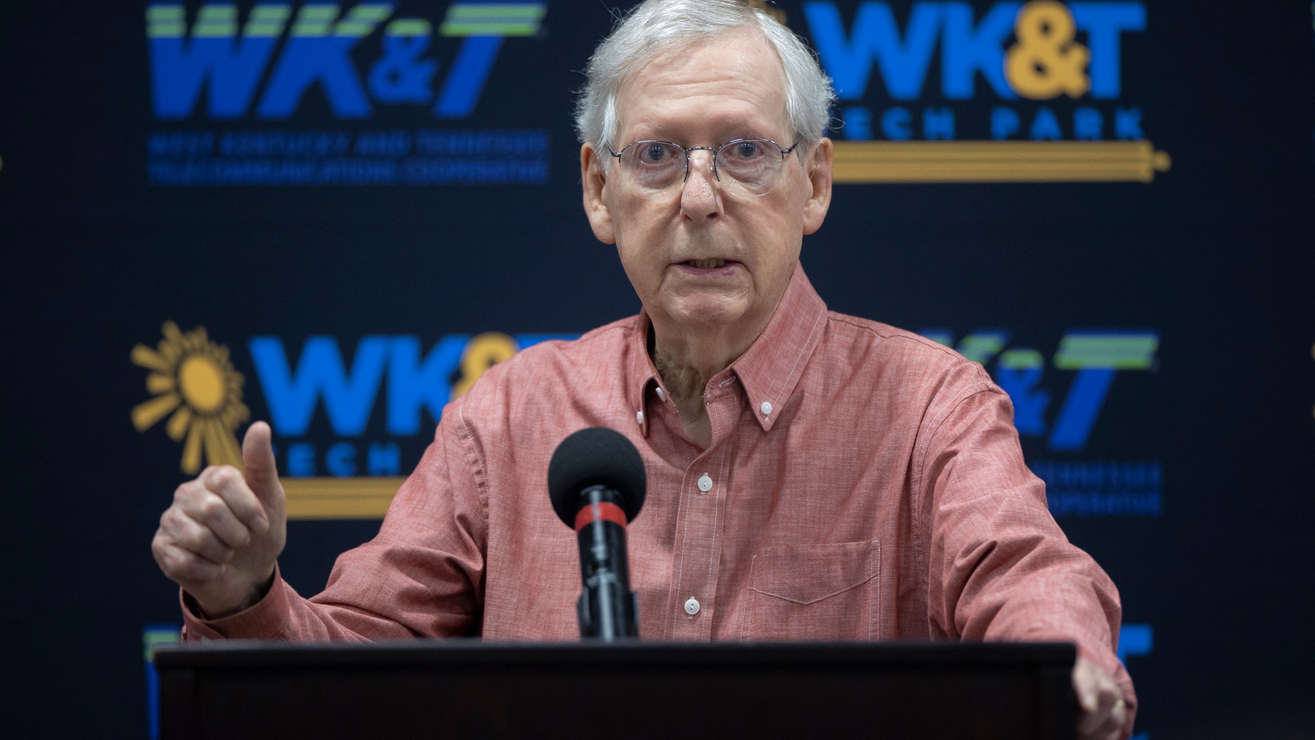 Senate Minority Leader Mitch McConnell, R-Ky., speaks at the Graves County Republican Party Breakfast at WK&T Technology Park in Mayfield, Ky., on Saturday, Aug. 5, 2023. (Ryan C. Hermens/Lexington Herald-Leader via AP)