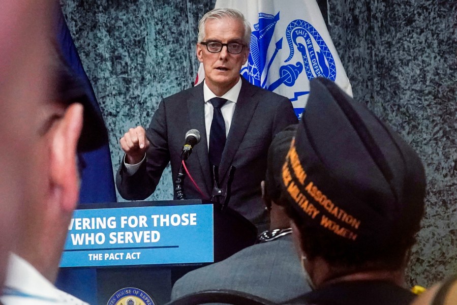 FILE - Veterans Affairs Secretary Denis McDonough speaks during a resource fair for veterans and survivors to apply for benefits under the PACT Act, Aug. 2, 2023, in New York. Hundreds of thousands of veterans have received additional benefits in the past year after President Joe Biden signed legislation expanding coverage for conditions connected to burn pits that were used to destroy trash and potentially toxic materials. (AP Photo/Bebeto Matthews, File)