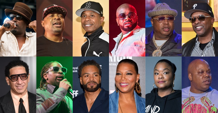 This combination of photos shows, top row from left, Big Daddy Kane, Chuck D, Doug E. Fresh, Jermaine Dupri, E40 and DJ Jazzy Jeff, bottom row from left, Kid Capri, Lil Jon, Method Man, Queen Latifah, Roxanne and Too Short. (AP Photo)