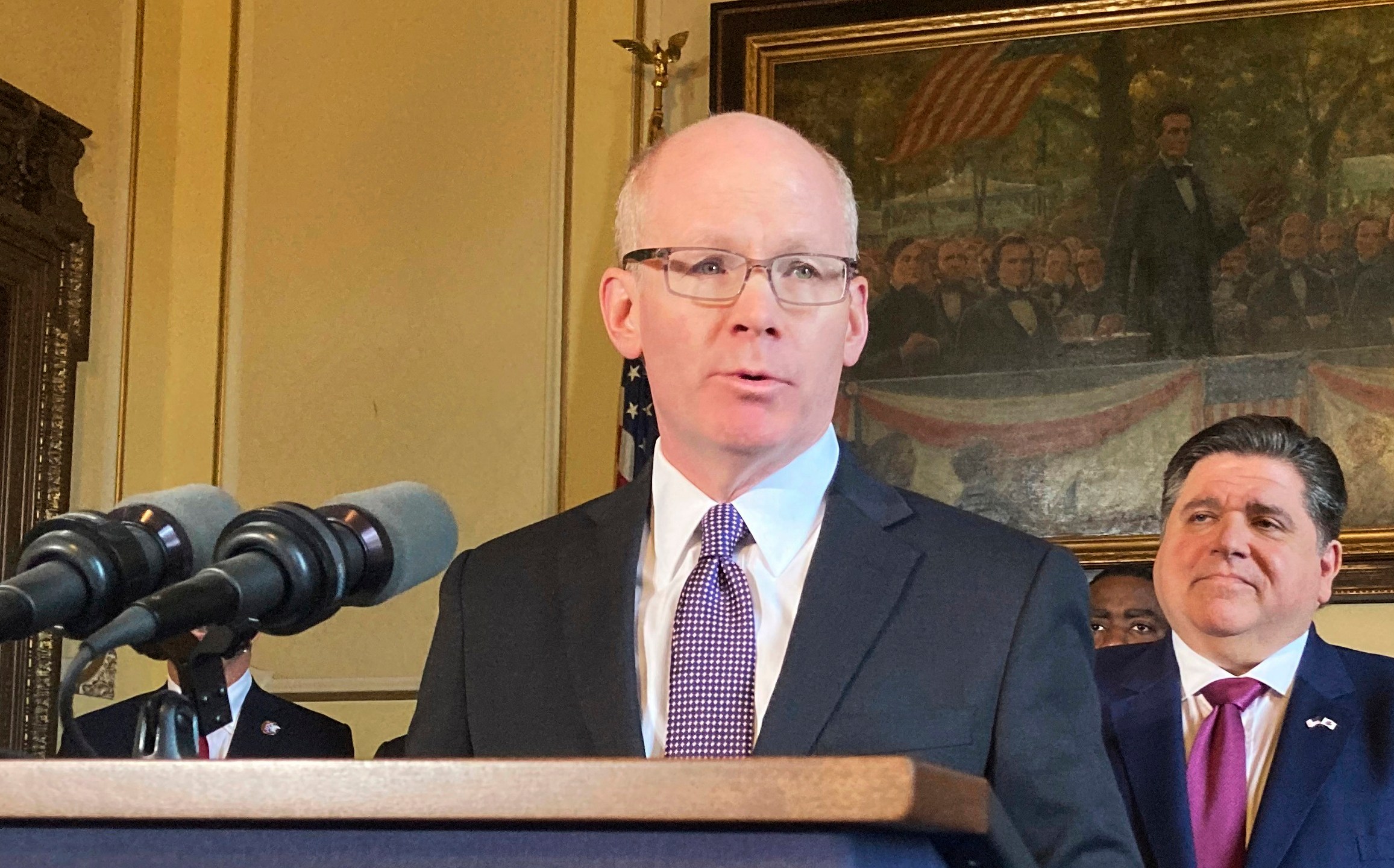 FILE - Illinois Senate President Don Harmon, D-Oak Park, speaks during a news conference, Nov. 29, 2022, in Springfield, Ill. Illinois will soon outlaw advertising for firearms that officials determine produces a public safety threat or appeals to children, militants or others who might later use them illegally, as the state continues its quest to curb mass shootings. (AP Photo/John O'Connor, File)