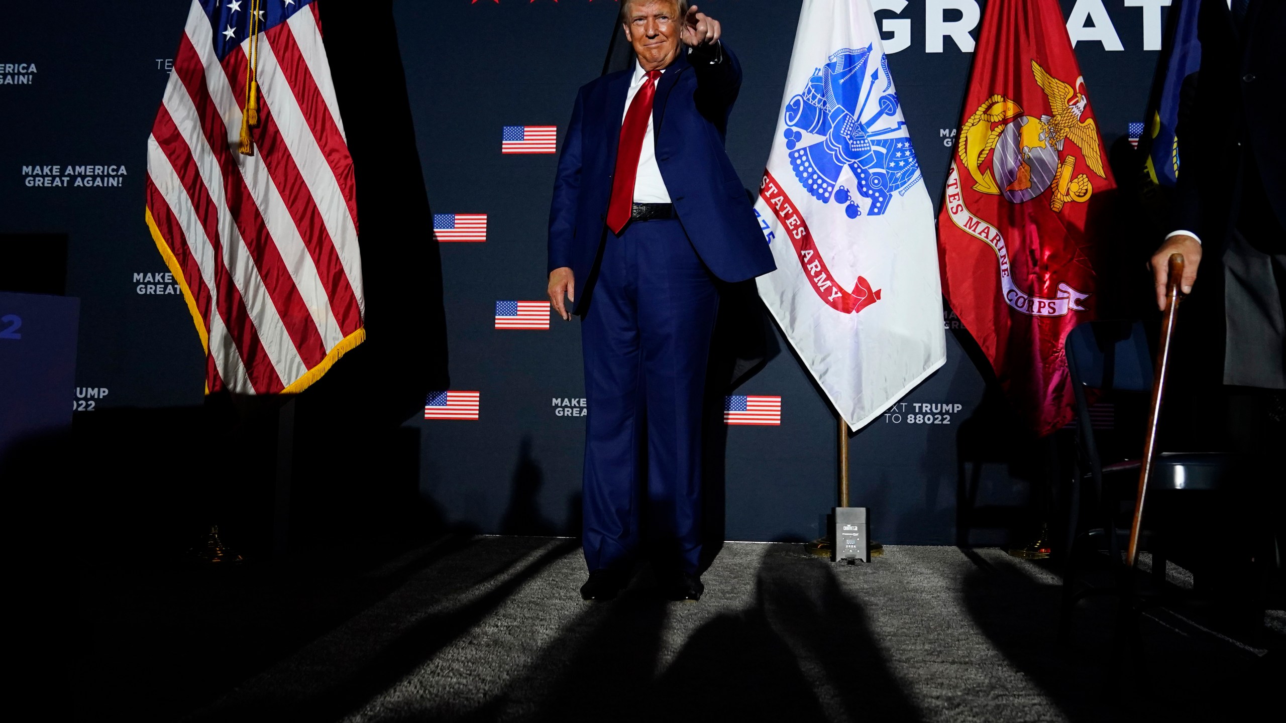 Republican presidential candidate former President Donald Trump acknowledges a supporter at a campaign rally, Tuesday Aug. 8, 2023, at Windham High School in Windham, N.H. (AP Photo/Robert F. Bukaty)