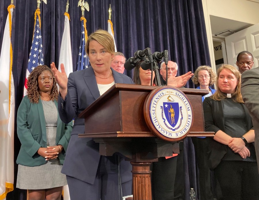 Massachusetts Gov. Maura Healey declares a state of emergency Tuesday, Aug. 8, 2023 in Boston, citing the influx of migrants to the state in need of shelter. Healey said there are nearly 5,600 families or more than 20,000 individuals – many of whom are migrants -- currently living in state shelter across Massachusetts. That's up from around 3,100 families a year ago, about an 80 percent increase. (AP Photo/Steve LeBlanc)