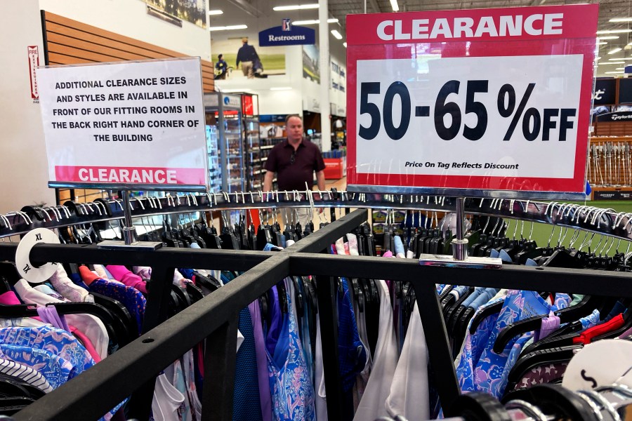 File - A clearance sale sign is displayed at a retail store in Downers Grove, Ill., Wednesday, April 12, 2023. On Thursday, the Labor Department reports on U.S. consumer prices for July. Economists expect the report to show prices rose 3.3%. (AP Photo/Nam Y. Huh, File)