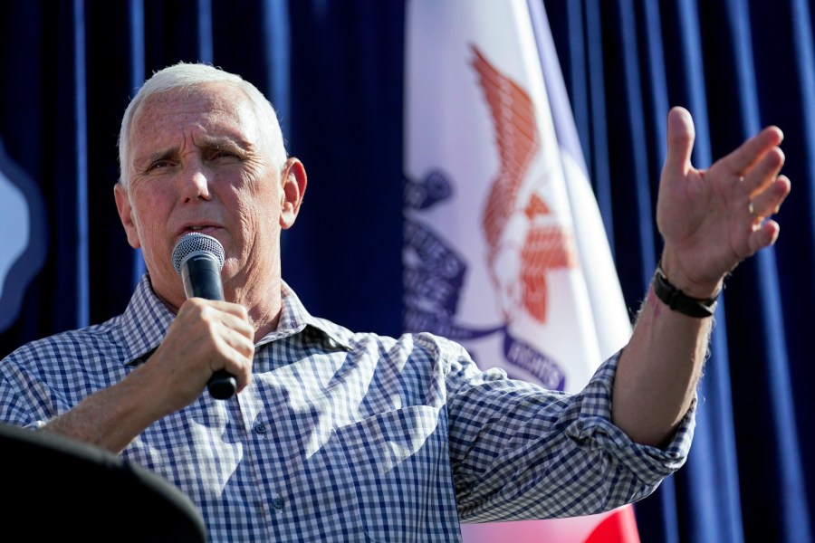 Republican presidential candidate former Vice President Mike Pence speaks during a Fair-Side Chat with Iowa Gov. Kim Reynolds at the Iowa State Fair, Friday, Aug. 11, 2023, in Des Moines, Iowa. (AP Photo/Jeff Roberson)