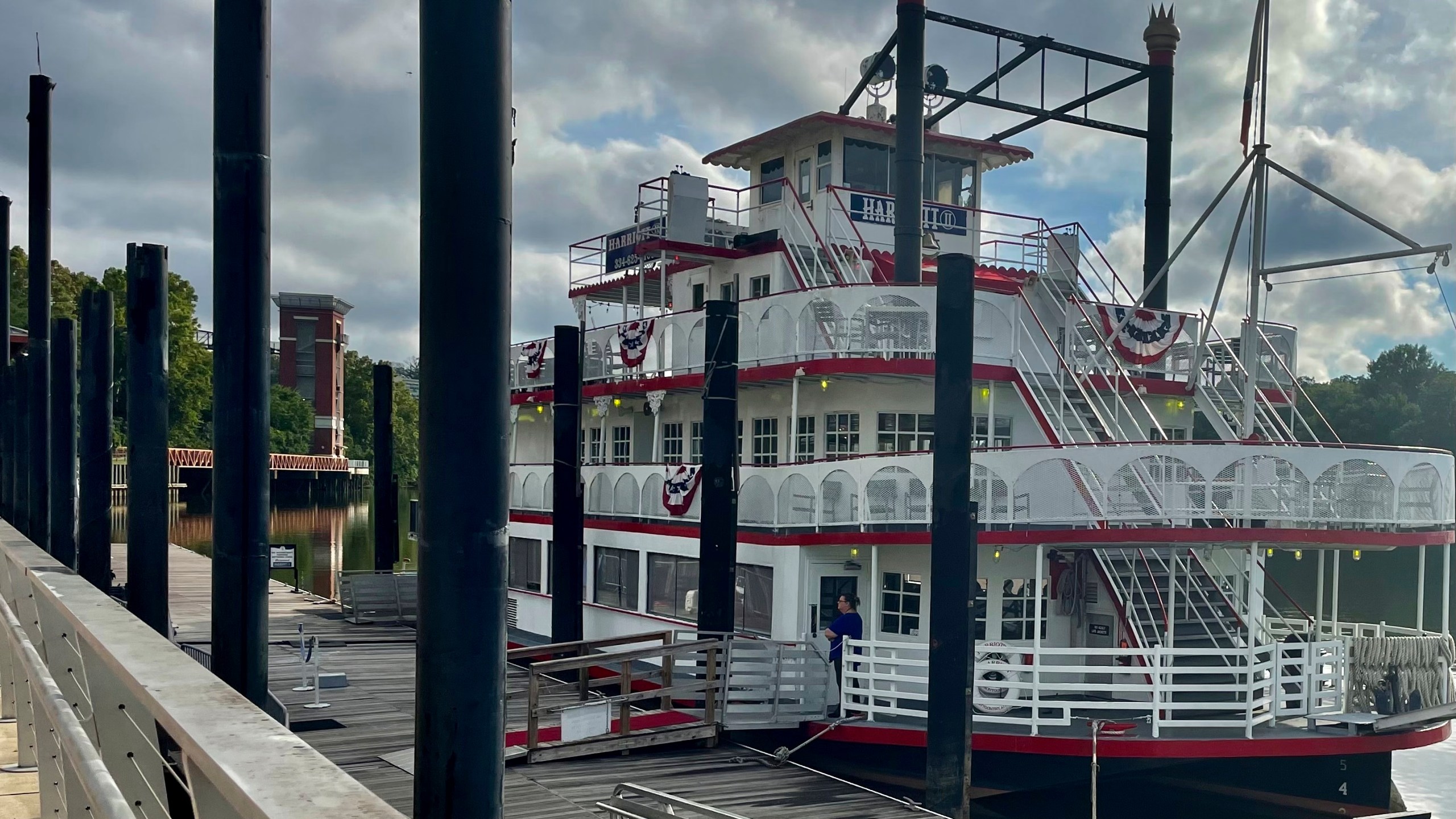 The Harriott II riverboat sits docked in Montgomery, Ala., on Tuesday, Aug. 8, 2023. A riverfront brawl occurred on Aug. 5 when a crew member was punched for trying to move a pontoon boat that was blocking the riverboat from docking. (AP Photo/Kim Chandler)