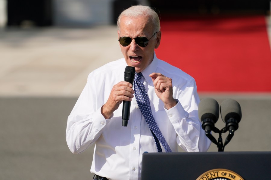 FILE - President Joe Biden speaks about the Inflation Reduction Act of 2022 during a ceremony on the South Lawn of the White House in Washington, Sept. 13, 2022. The one-year anniversary of the Inflation Reduction Act being signed into law is on Wednesday, Aug. 16, 2023. (AP Photo/Andrew Harnik, File)