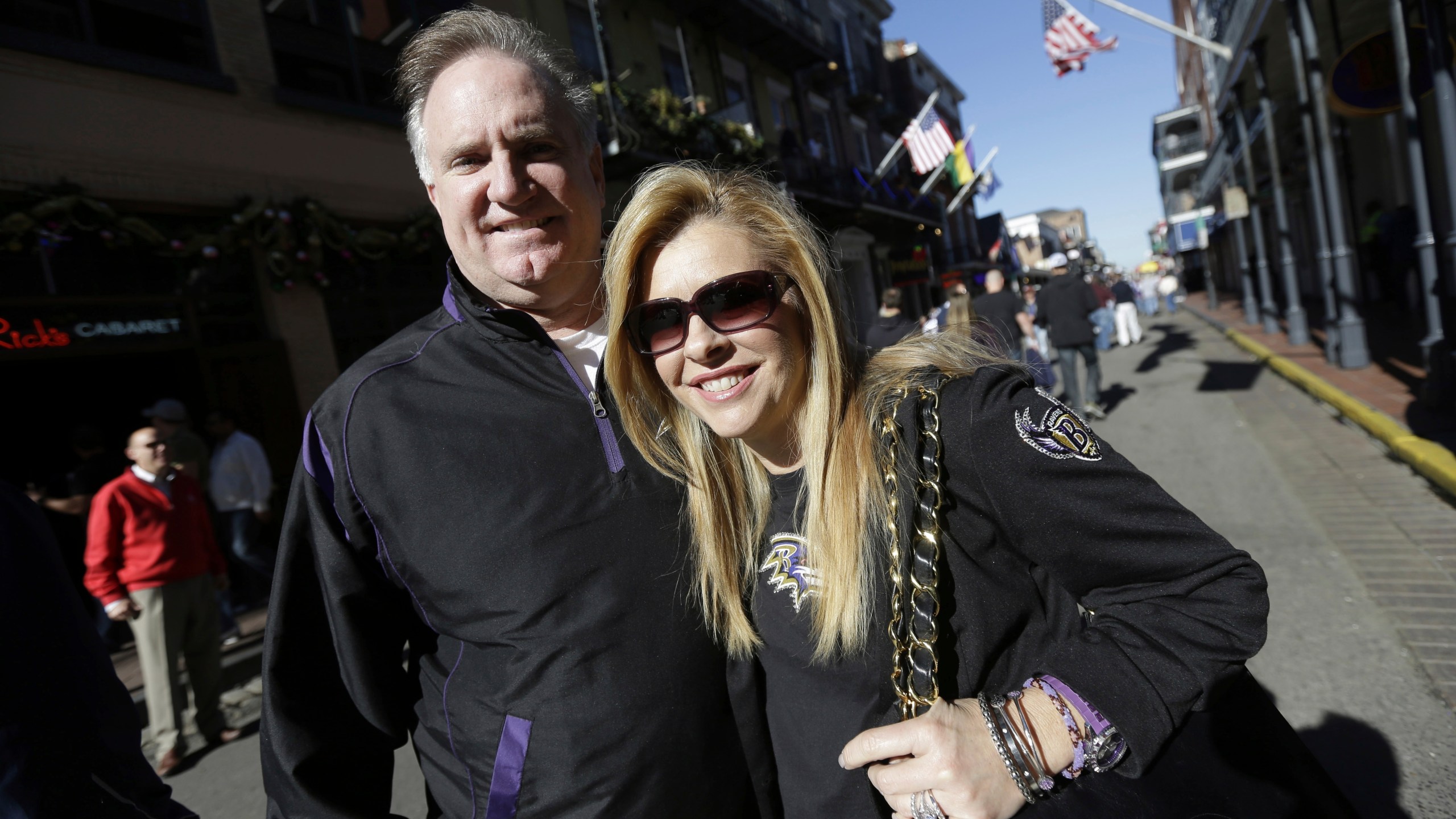 FILE - Sean and Leigh Anne Tuohy stand on a street in New Orleans, Feb. 1, 2013. Oher, the former NFL tackle known for the movie “The Blind Side,” filed a petition Monday, Aug. 14, 2023, in a Tennessee probate court accusing Sean and Leigh Anne Tuohy of lying to him by having him sign papers making them his conservators rather than his adoptive parents nearly two decades ago. (AP Photo/Gerald Herbert, File)