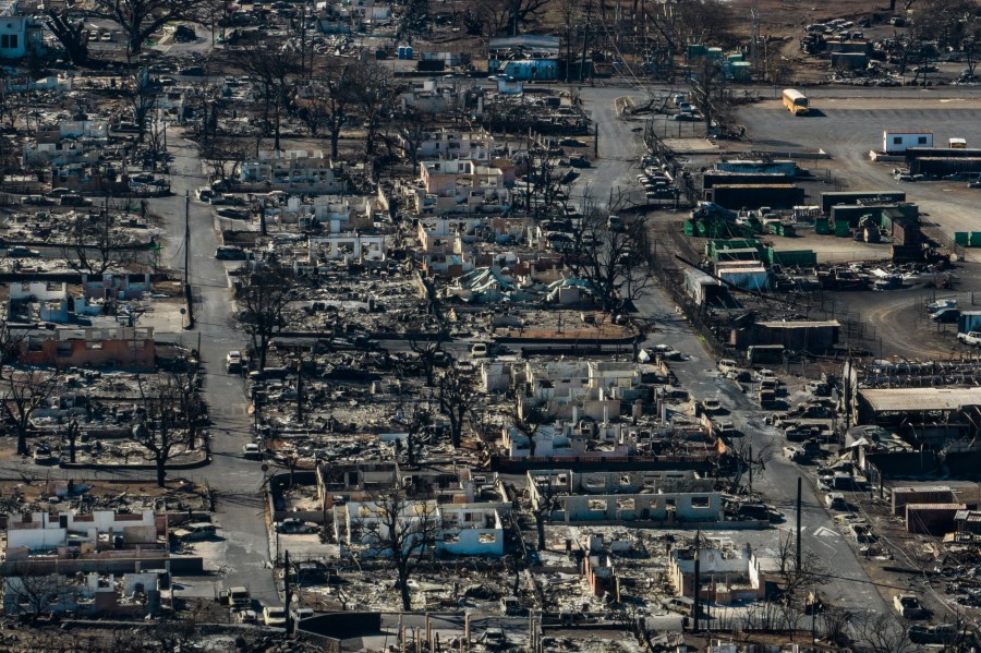 A general view shows the aftermath of a wildfire in Lahaina, Hawaii, Thursday, Aug. 17, 2023. Hawaii's governor vowed to protect local landowners from being “victimized” by opportunistic buyers when Maui rebuilds from deadly wildfires that incinerated a historic island community. (AP Photo/Jae C. Hong)