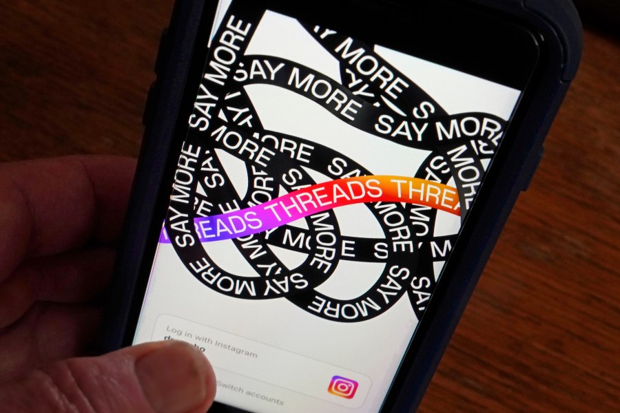 File - Meta's new app Threads is displayed on a smartphone in New York, Thursday, July 6, 2023. Meta CEO Mark Zuckerberg said in a Threads post, Tuesday, Aug. 22, 2023, that a web version of the app will be rolling out over the next few days. (AP Photo/Richard Drew, File)