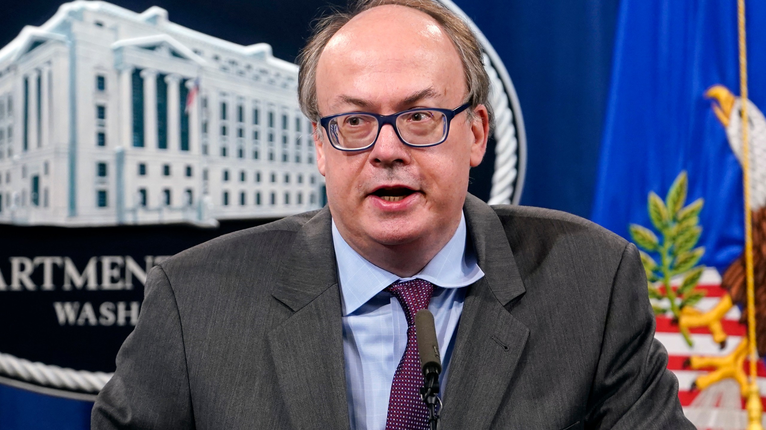 FILE - Jeffrey Clark, Assistant Attorney General for the Environment and Natural Resources Division, speaks during a news conference at the Justice Department in Washington, on Sept. 14, 2020. Former Justice Department lawyer Jeffrey Clark and former Georgia Republican Party chair David Shafer, who were indicted last week along with former President Donald Trump, have filed paperwork to transfer the case to federal court. (AP Photo/Susan Walsh, Pool, File)