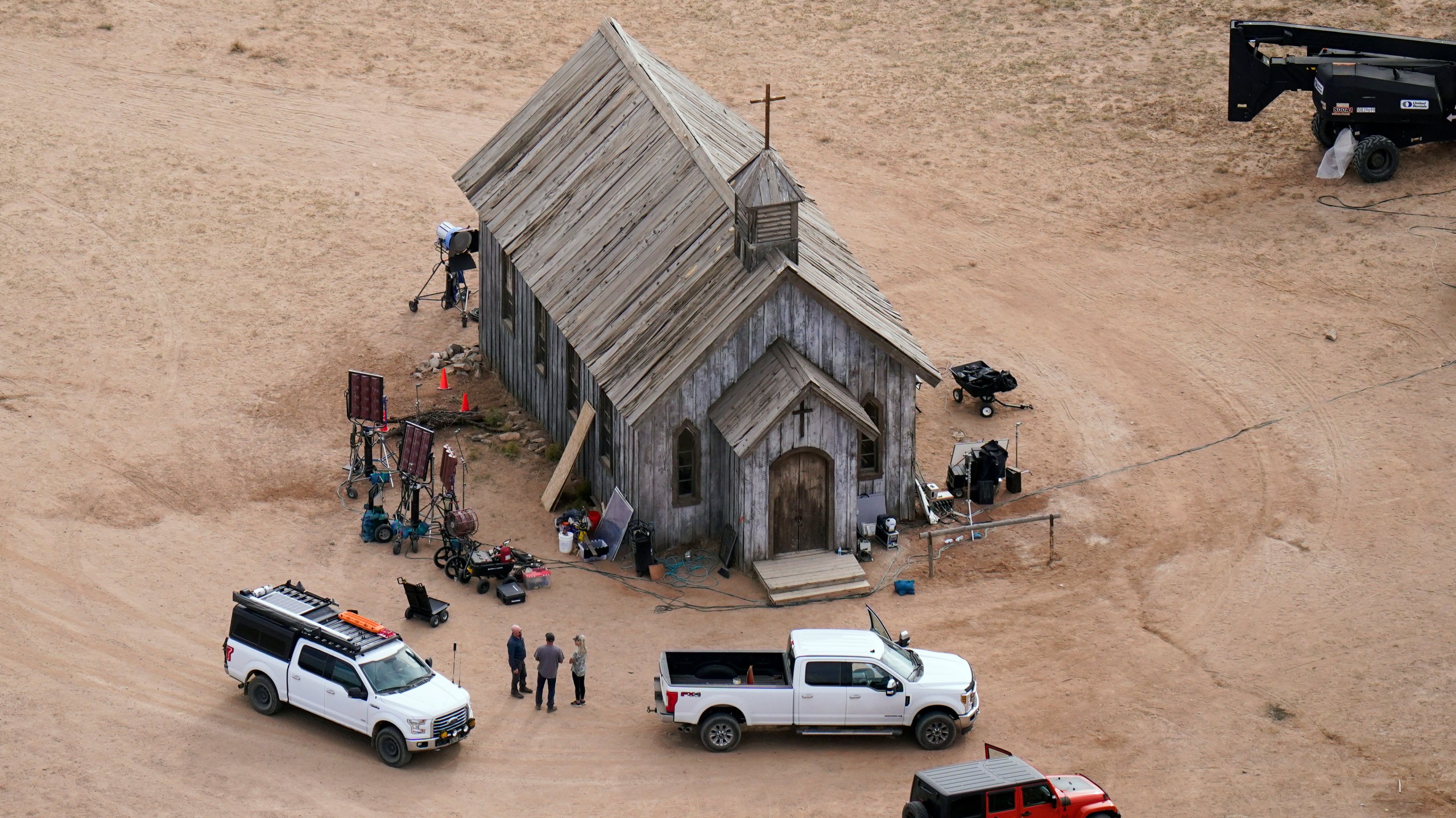 FILE - This aerial photo shows the Bonanza Creek Ranch in Santa Fe, New Mexico, Oct. 23, 2021, used for the film "Rust." On Wednesday, Aug. 23, 2023, a New Mexico judge rejected a request by Alec Baldwin’s attorneys to dismiss a civil lawsuit by three “Rust” crew members who allege cost-cutting endangered the cast and crew as the actor-producer skipped his own safety training. (AP Photo/Jae C. Hong, File)