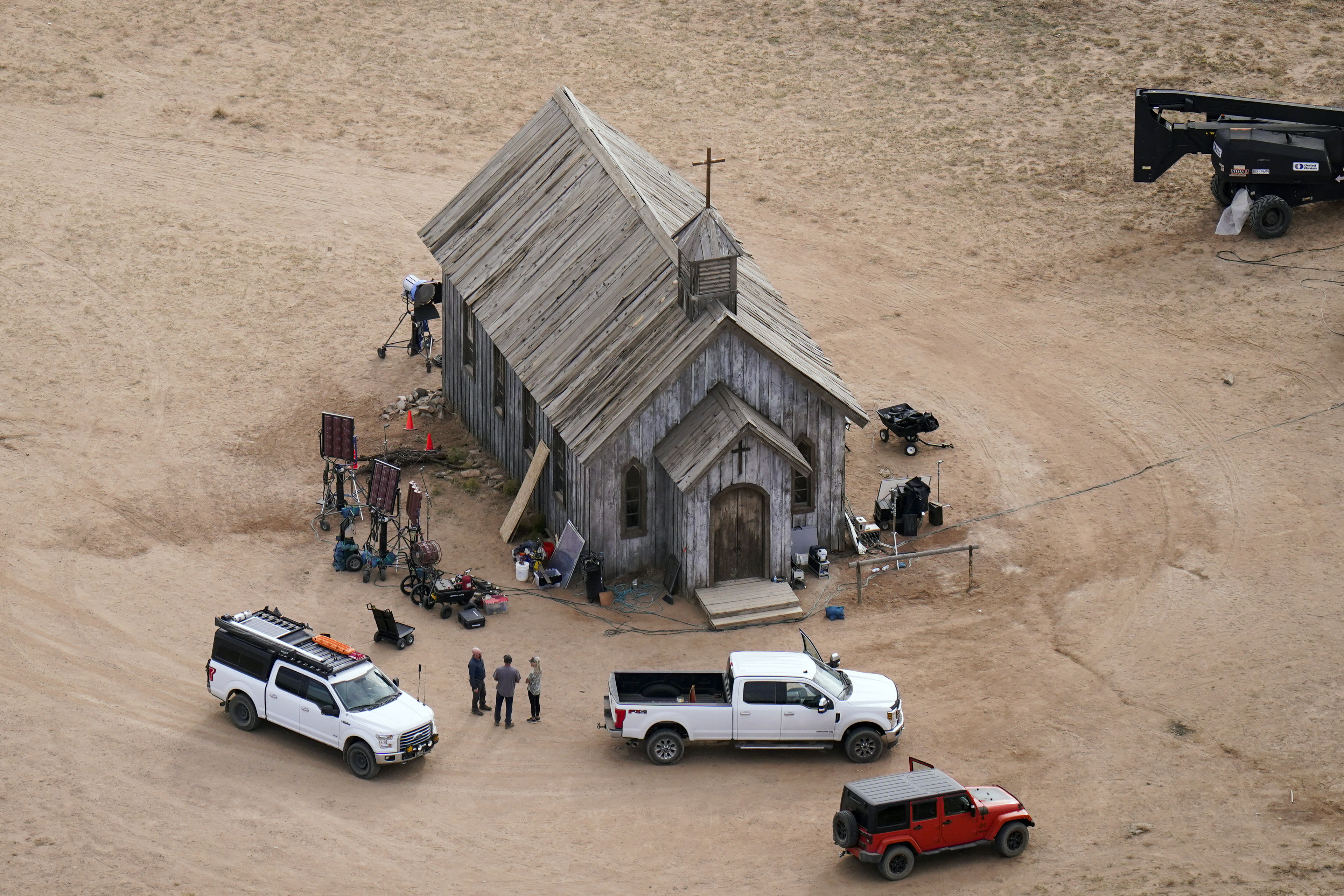 FILE - This aerial photo shows the Bonanza Creek Ranch in Santa Fe, New Mexico, Oct. 23, 2021, used for the film "Rust." On Wednesday, Aug. 23, 2023, a New Mexico judge rejected a request by Alec Baldwin’s attorneys to dismiss a civil lawsuit by three “Rust” crew members who allege cost-cutting endangered the cast and crew as the actor-producer skipped his own safety training. (AP Photo/Jae C. Hong, File)