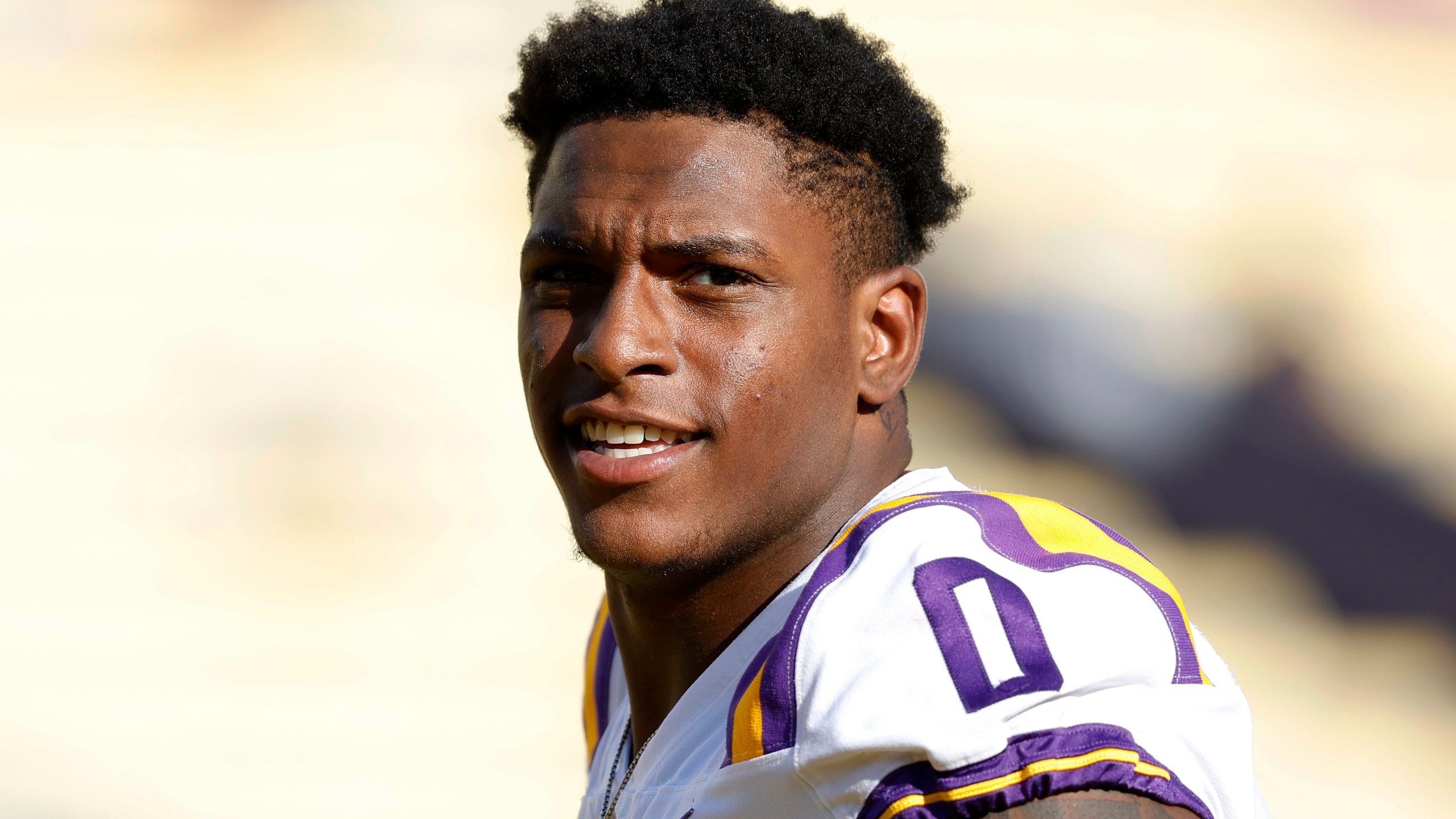 FILE - LSU defensive tackle Maason Smith (0) is seen before an NCAA college football game against Southern in Baton Rouge, La., Saturday, Sept. 10, 2022. LSU defensive tackle Maason Smith's long-awaited return from a major knee injury last season will be delayed by one game because of a suspension that will sideline him for the No. 5 Tigers' opener against eighth-ranked Florida State on Sept. 3, a person familiar with the matter said.(AP Photo/Tyler Kaufman, File)