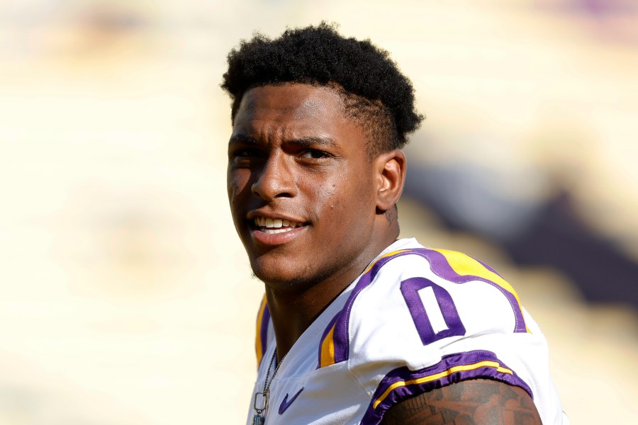 FILE - LSU defensive tackle Maason Smith (0) is seen before an NCAA college football game against Southern in Baton Rouge, La., Saturday, Sept. 10, 2022. LSU defensive tackle Maason Smith's long-awaited return from a major knee injury last season will be delayed by one game because of a suspension that will sideline him for the No. 5 Tigers' opener against eighth-ranked Florida State on Sept. 3, a person familiar with the matter said.(AP Photo/Tyler Kaufman, File)