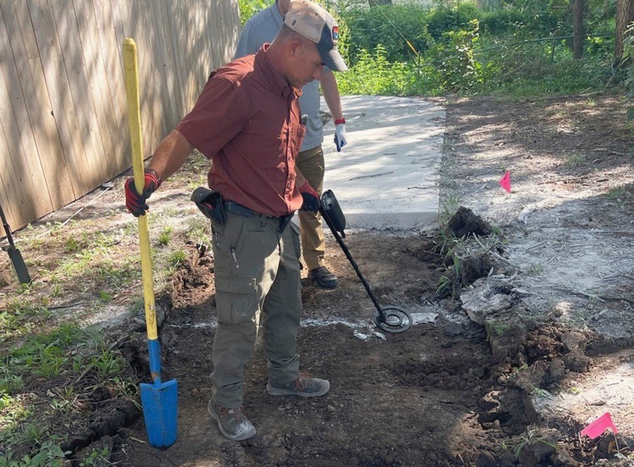 This photo provided by the Osage County, Kan., Sheriff's Office shows the BTK Killer Dennis Rader’s former Kansas property near Park City, Kan., being searched on Tuesday, Aug. 22, 2023, for clues pertaining to two new potential cases. (Eddie Virden/Osage County Sheriff's Office via AP)