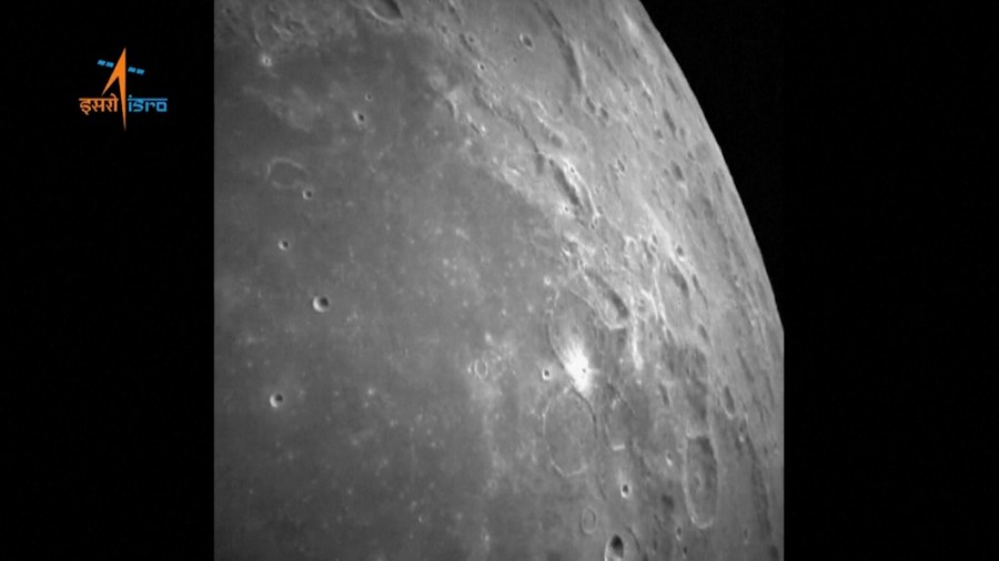 This image from video provided by the Indian Space Research Organisation shows the surface of the moon as the Chandrayaan-3 spacecraft prepares for landing on Wednesday, Aug. 23, 2023. India became the first country to land a spacecraft near the moon’s south pole, which scientists believe could hold vital reserves of frozen water. (ISRO via AP)