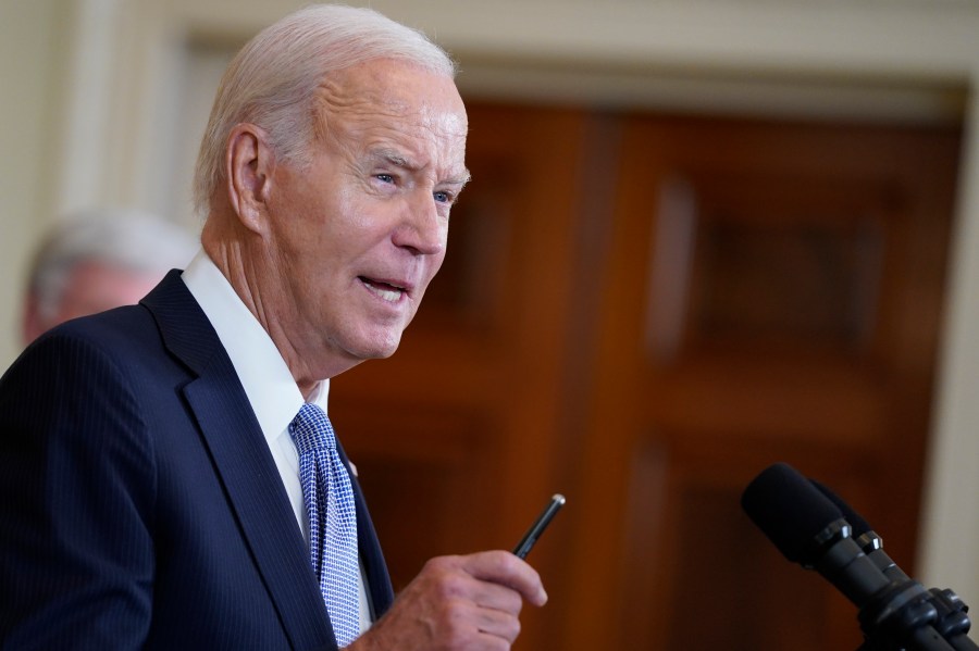 President Joe Biden speaks on the anniversary of the Inflation Reduction Act during an event in the East Room of the White House, Wednesday, Aug. 16, 2023, in Washington. (AP Photo/Evan Vucci)