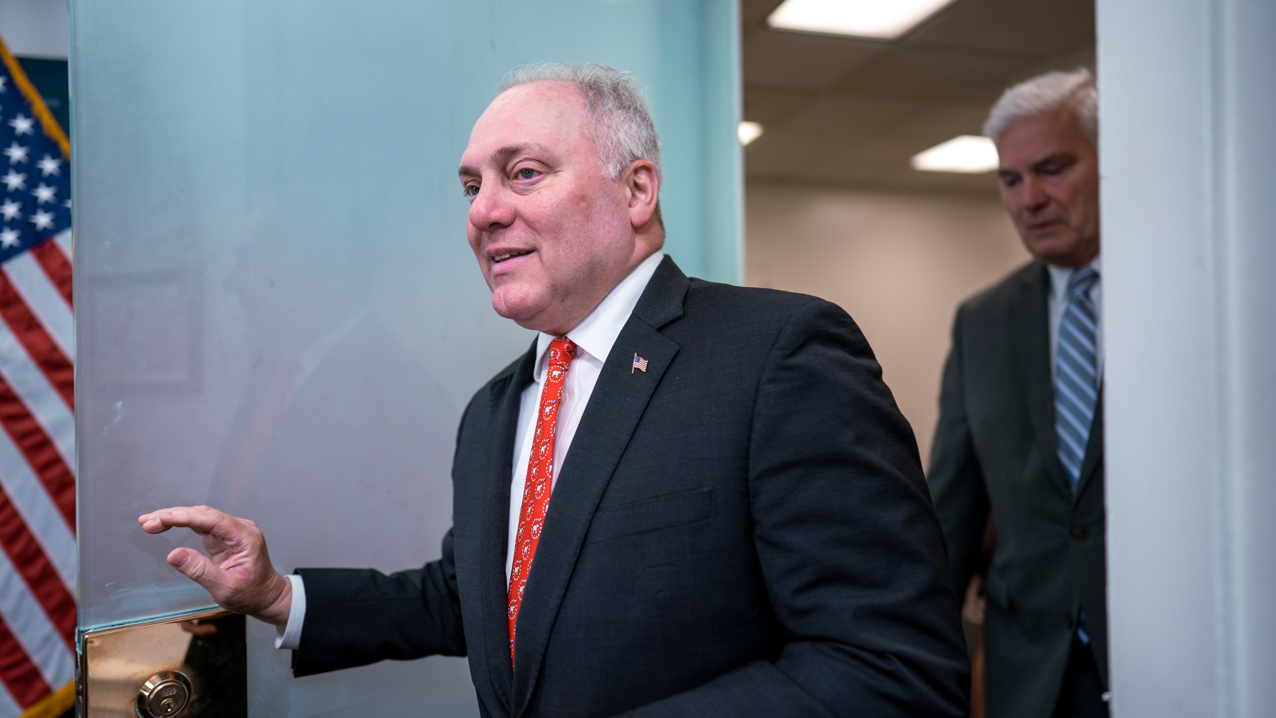 FILE - House Majority Leader Steve Scalise, R-La., joined at right by Majority Whip Tom Emmer, R-Minn., arrives for a news conference at the Capitol in Washington, Tuesday, June 6, 2023. Scalise has been diagnosed with blood cancer.(AP Photo/J. Scott Applewhite)