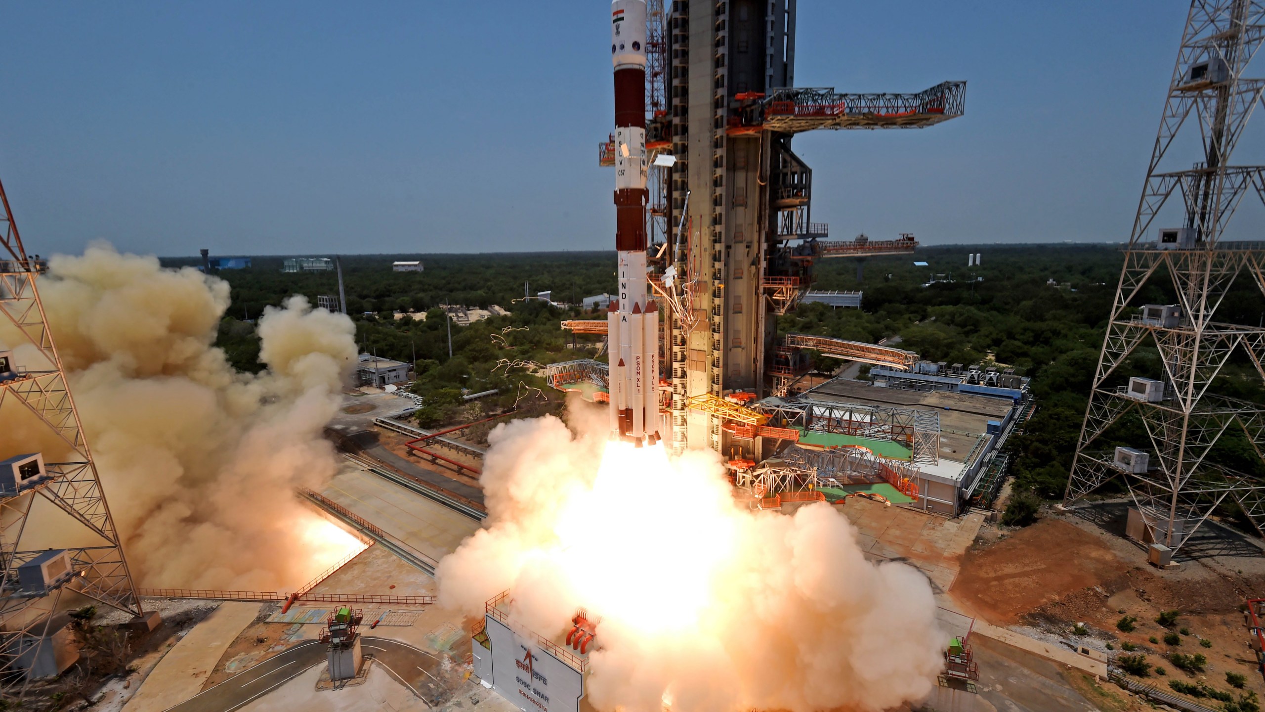 This image provided by the Indian Space Research Organisation (ISRO) shows the Aditya-L1 spacecraft lifts off on board a satellite launch vehicle from the space center in Sriharikota, India, Saturday, Sept. 2, 2023. India launched its first space mission to study the sun on Saturday, less than two weeks after a successful uncrewed landing near the south polar region of the moon. (Indian Space Research Organisation via AP)