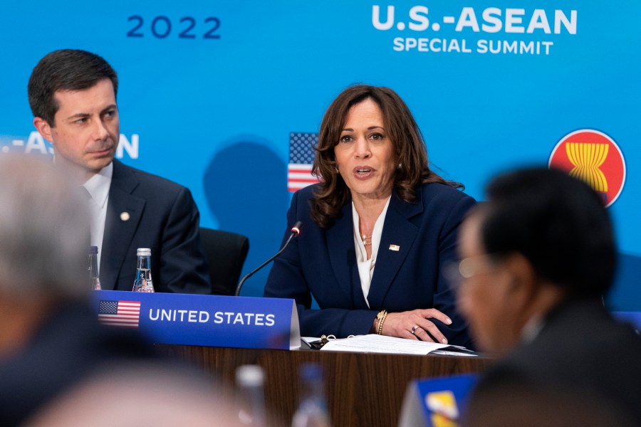 FILE - Vice President Kamala Harris, right, next to Transportation Secretary Pete Buttigieg, speaks during a plenary session of the US-ASEAN Summit, May 13, 2022, at the State Department in Washington. Harris is visiting Indonesia this week for the Association of Southeast Asian Nations summit. (AP Photo/Jacquelyn Martin, File)