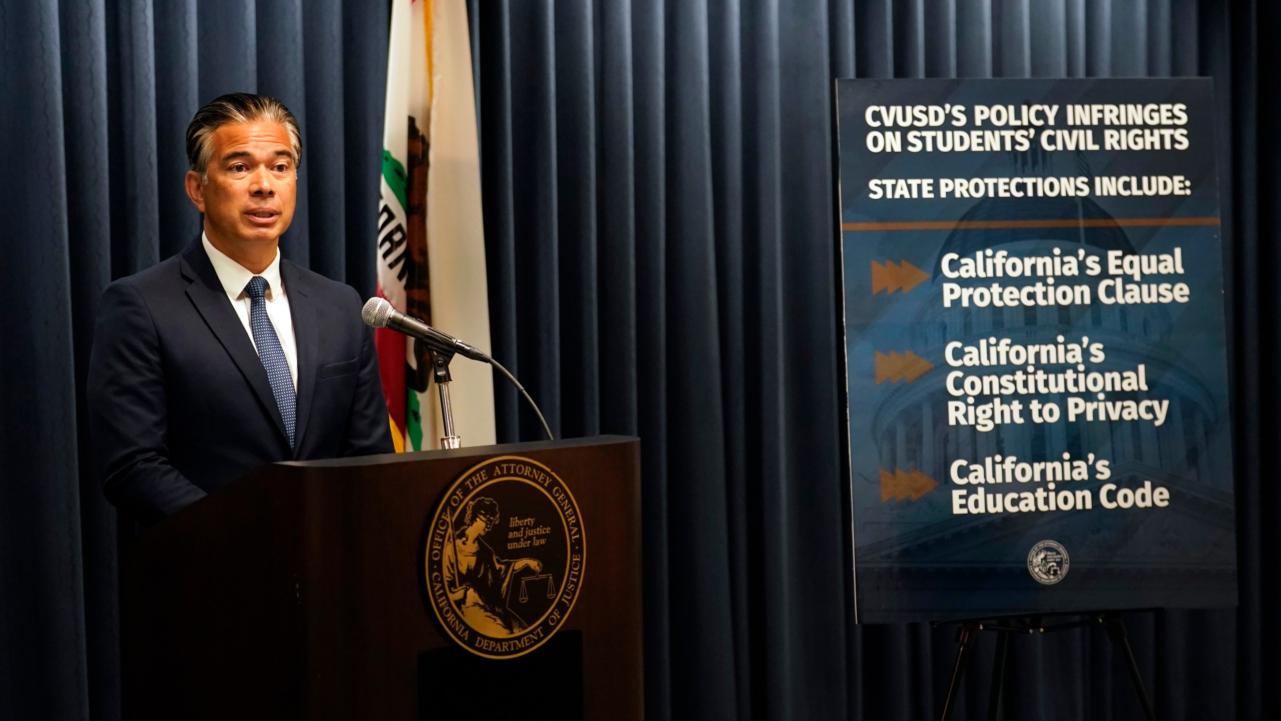 California Attorney General Rob Bonta fields questions during a press conference Monday, Aug. 28, 2023, in Los Angeles. California's attorney general sued a Southern California school district Monday over its recently adopted policy that requires schools to notify parents if their children change their gender identification or pronouns. (AP Photo/Marcio Jose Sanchez)