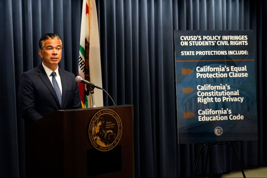 California Attorney General Rob Bonta fields questions during a press conference Monday, Aug. 28, 2023, in Los Angeles. California's attorney general sued a Southern California school district Monday over its recently adopted policy that requires schools to notify parents if their children change their gender identification or pronouns. (AP Photo/Marcio Jose Sanchez)