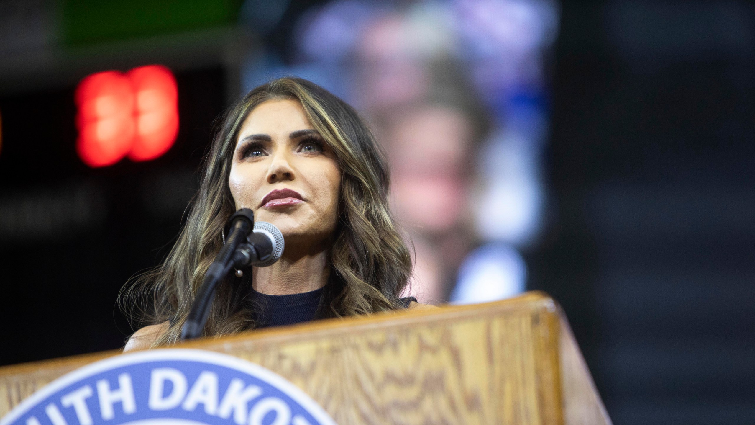 Kristi Noem, Governor of South Dakota speaks at the South Dakota Republican Party Monumental Leaders rally Friday, Sept. 8, 2023, in Rapid City, S.D. (AP Photo/Toby Brusseau)