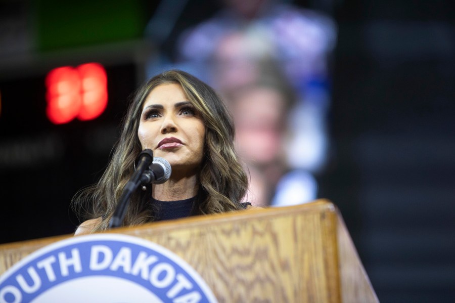 Kristi Noem, Governor of South Dakota speaks at the South Dakota Republican Party Monumental Leaders rally Friday, Sept. 8, 2023, in Rapid City, S.D. (AP Photo/Toby Brusseau)