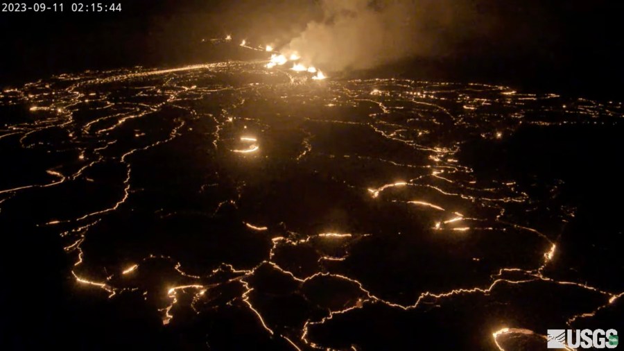 In this screen grab from webcam video provided by the U.S. Geological Survey, Kilauea, one of the most active volcanoes in the world, erupts in Hawaii, early Monday, Sept. 11, 2023. (U.S. Geological Survey via AP)