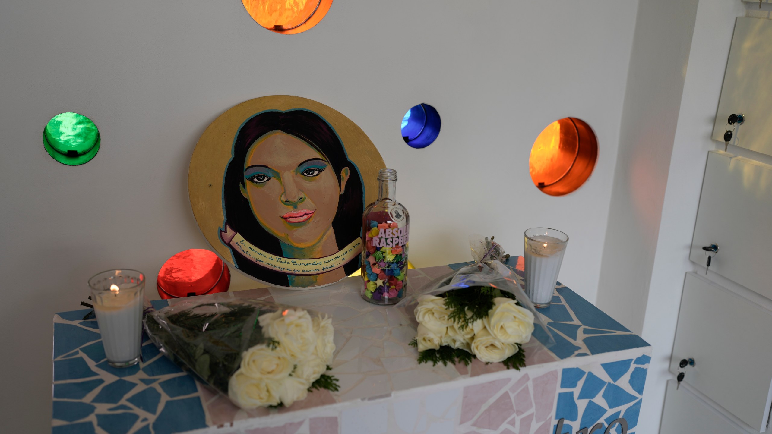 A small altar with an image of trans woman Paola Buenrostro, who was murdered in 2016, can be seen in the newly opened mausoleum for trans women in Mexico City, Thursday, Sep. 14, 2023. (AP Photo/Eduardo Verdugo)