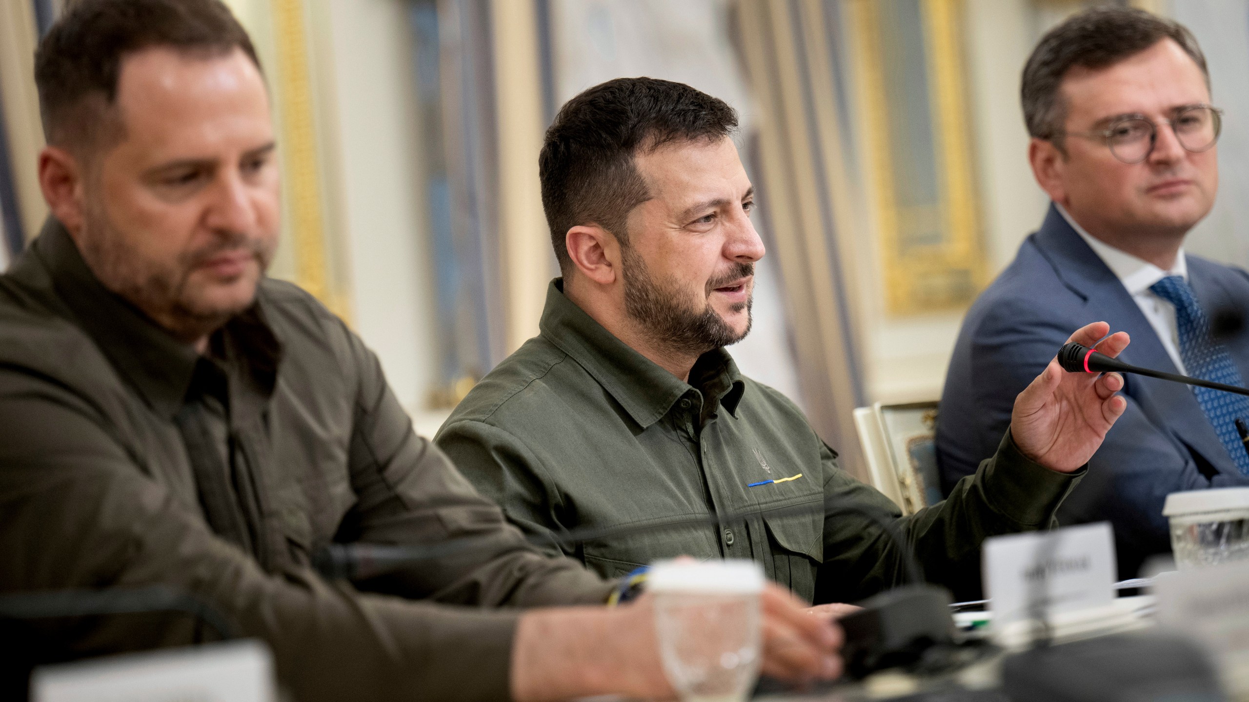 Ukraine's Head of the Office of the President Andriy Yermak, left, and Ukraine's Foreign Minister Dmytro Kuleba, right, listen as Ukraine's President Volodymyr Zelenskyy meets with U.S. Secretary of State Antony Blinken in Kyiv, Ukraine, Wednesday, Sept. 6, 2023. (Brendan Smialowski/Pool via AP)