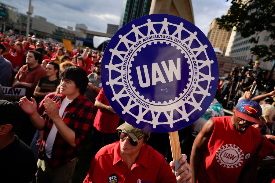 United Auto Workers members attend a rally in Detroit, Friday, Sept. 15, 2023. The UAW is conducting a strike against Ford, Stellantis and General Motors. (AP Photo/Paul Sancya)