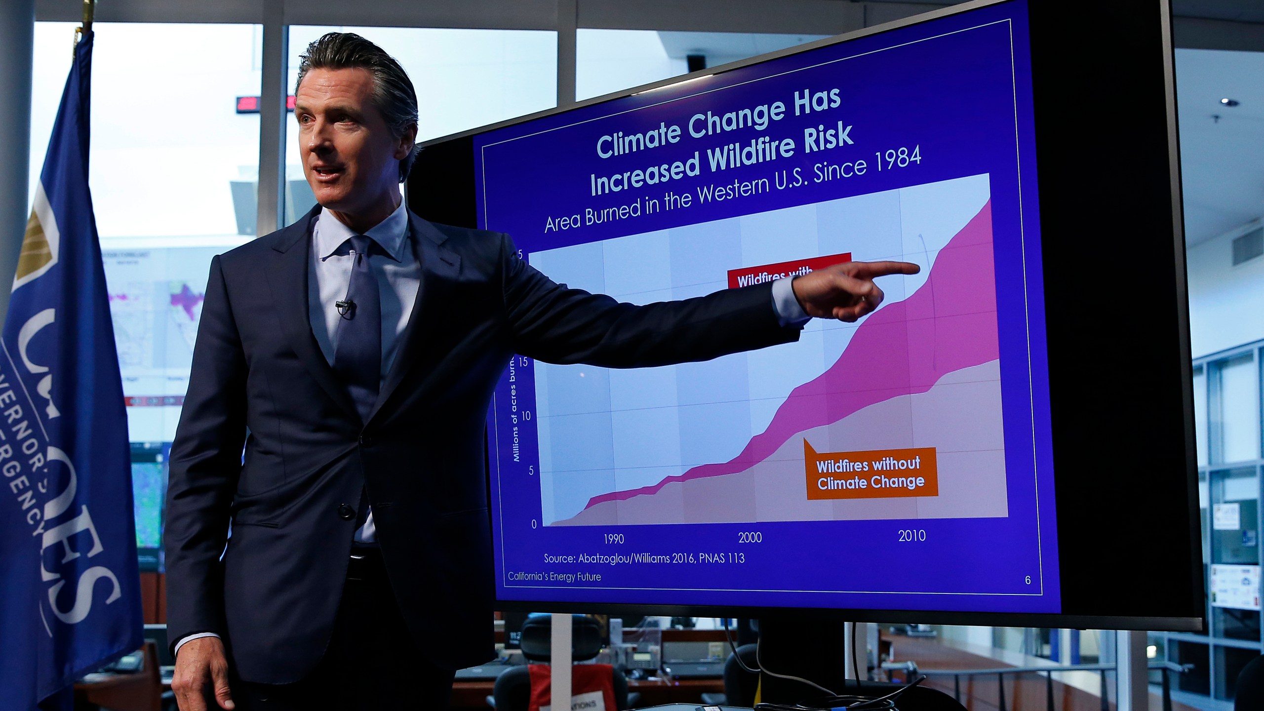 FILE - Gov. Gavin Newsom points to a graph showing the increased in the risk to wildfires due to climate change during a news conference in Rancho Cordova, Calif., April 12, 2019. Newsom says he plans to sign into law a pair of climate-focused bills intended to force major corporations to be more transparent about greenhouse gas emissions and financial risks stemming from global warming. (AP Photo/Rich Pedroncelli, File)