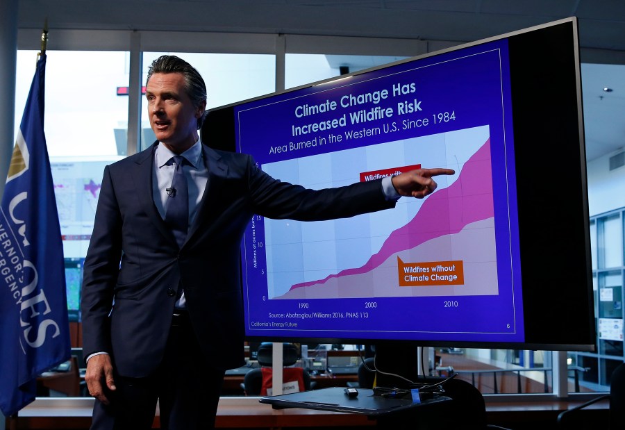 FILE - Gov. Gavin Newsom points to a graph showing the increased in the risk to wildfires due to climate change during a news conference in Rancho Cordova, Calif., April 12, 2019. Newsom says he plans to sign into law a pair of climate-focused bills intended to force major corporations to be more transparent about greenhouse gas emissions and financial risks stemming from global warming. (AP Photo/Rich Pedroncelli, File)