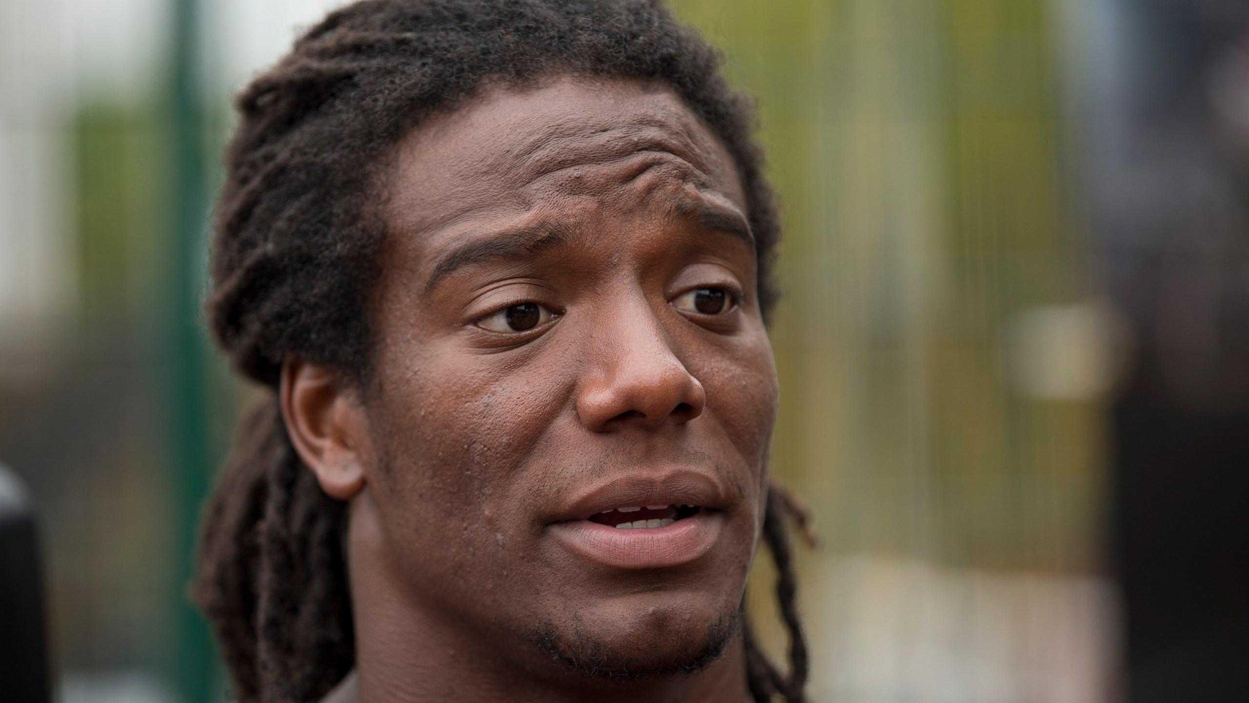 FILE - Jacksonville Jaguars safety Sergio Brown speaks during an NFL event for kids in south London, Wednesday, July 15, 2015. Authorities searched Monday, Sept. 18, 2023, for the former NFL player after his 73--year-old mother's body was found near a creek behind her suburban Chicago home. (AP Photo/Matt Dunham, File)