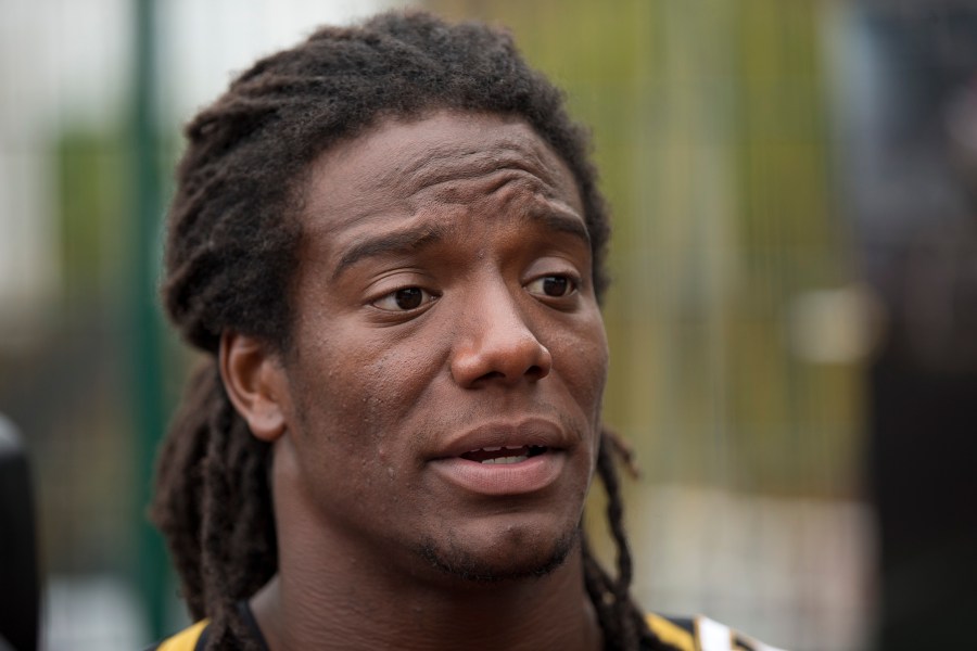 FILE - Jacksonville Jaguars safety Sergio Brown speaks during an NFL event for kids in south London, Wednesday, July 15, 2015. Authorities searched Monday, Sept. 18, 2023, for the former NFL player after his 73--year-old mother's body was found near a creek behind her suburban Chicago home. (AP Photo/Matt Dunham, File)