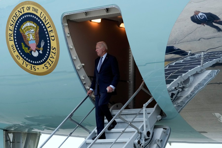 FILE - President Joe Biden walks down the steps of Air Force One at John F. Kennedy International Airport in New York, Sept. 17, 2023. Biden is in New York to attend the United Nations General Assembly and fundraisers. (AP Photo/Susan Walsh, File)