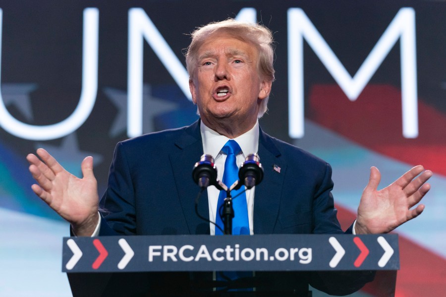 Former President Donald Trump speaks during the Pray Vote Stand Summit, Friday, Sept. 15, 2023, in Washington. (AP Photo/Jose Luis Magana)