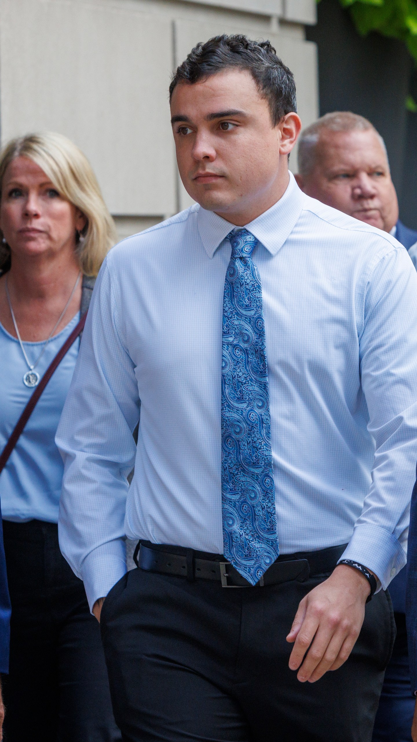 Philadelphia police officer Mark Dial arrives at the Juanita Kidd Stout Center for Criminal Justice in Philadelphia, Tuesday, Sept. 19, 2023, for a bail hearing. Dial, a Philadelphia police officer charged in the shooting death of a driver last month is back in custody following the revocation of his bail after prosecutors challenged the constitutionality of his release.(Alejandro A. Alvarez/The Philadelphia Inquirer via AP)