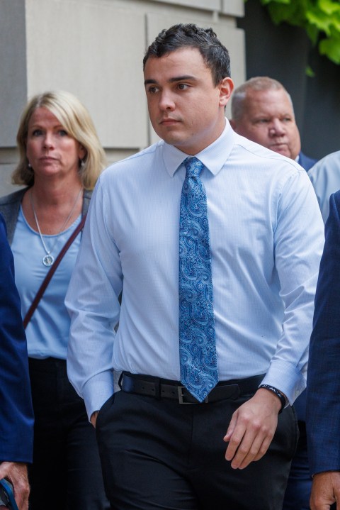 Philadelphia police officer Mark Dial arrives at the Juanita Kidd Stout Center for Criminal Justice in Philadelphia, Tuesday, Sept. 19, 2023, for a bail hearing. Dial, a Philadelphia police officer charged in the shooting death of a driver last month is back in custody following the revocation of his bail after prosecutors challenged the constitutionality of his release.(Alejandro A. Alvarez/The Philadelphia Inquirer via AP)