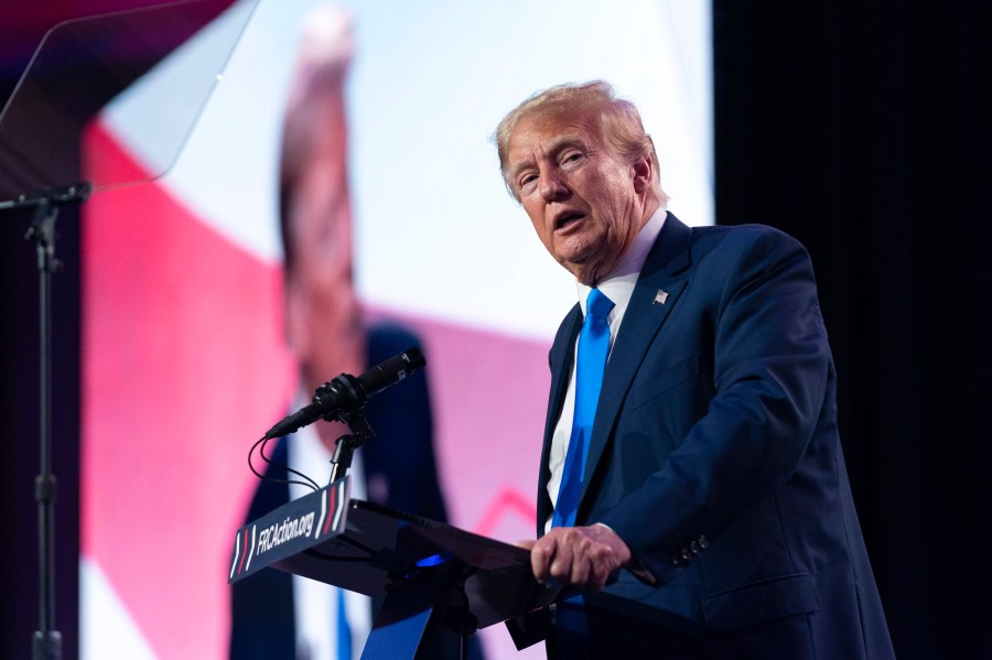 FILE - Former President Donald Trump speaks during the Pray Vote Stand Summit, Friday, Sept. 15, 2023, in Washington. New York Gov. Kathy Hochul on Wednesday, Sept. 20, 2023, signed a bill setting the state’s presidential primary for April 2, potentially putting Trump on the ballot as he stands trial in Manhattan for a hush-money criminal case. (AP Photo/Jose Luis Magana, File)