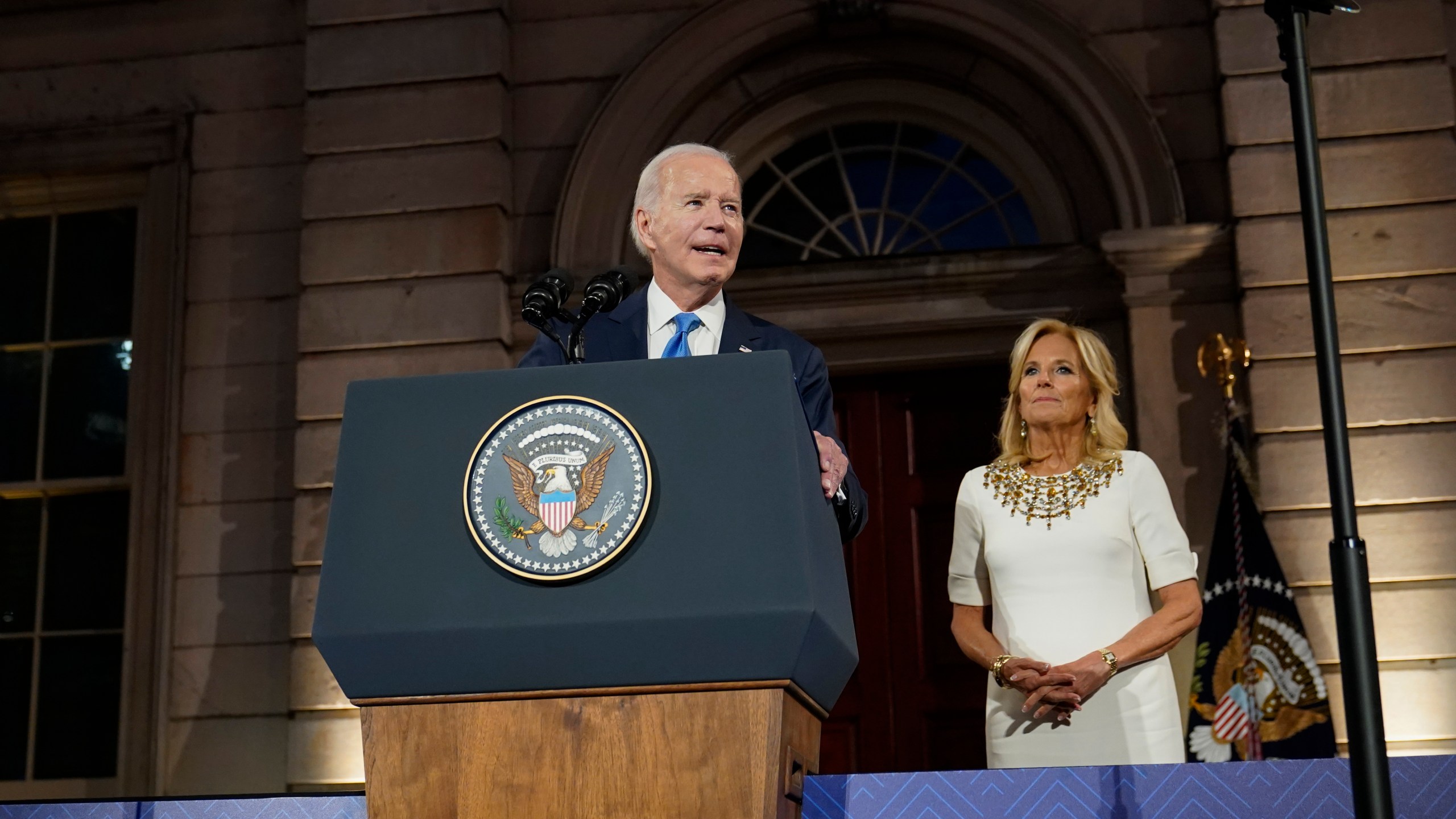 President Joe Biden speaks at a leaders' reception at the Metropolitan Museum of Art in New York, Tuesday, Sept. 19, 2023. Biden is in New York attending the 78th United Nations General Assembly as first lady Jill Biden listens. (AP Photo/Susan Walsh)