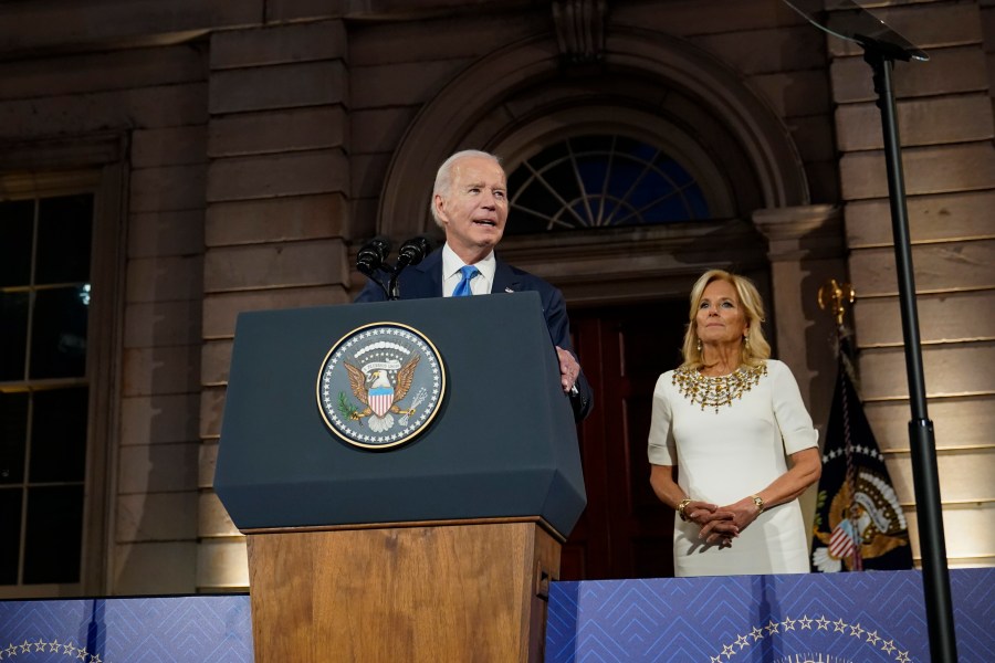 President Joe Biden speaks at a leaders' reception at the Metropolitan Museum of Art in New York, Tuesday, Sept. 19, 2023. Biden is in New York attending the 78th United Nations General Assembly as first lady Jill Biden listens. (AP Photo/Susan Walsh)