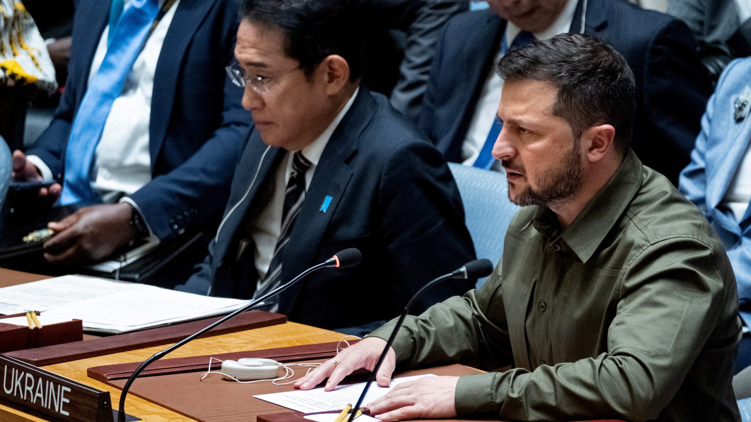 Ukrainian President Volodymyr Zelenskyy addresses a high level Security Council meeting during the 78th session of the United Nations General Assembly at U.N. headquarters, Wednesday, Sept. 20, 2023. (AP Photo/Craig Ruttle)